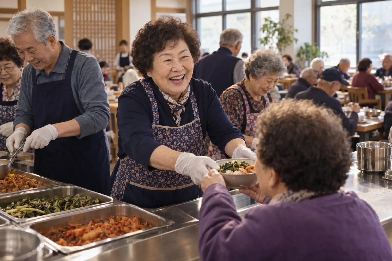 배식 봉사하는 시니어 자원봉사자